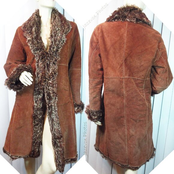 Vintage Marvin Richards Genuine Leather Jacket Long Trench Coat Medium Fur Trim - Picture 1 of 16